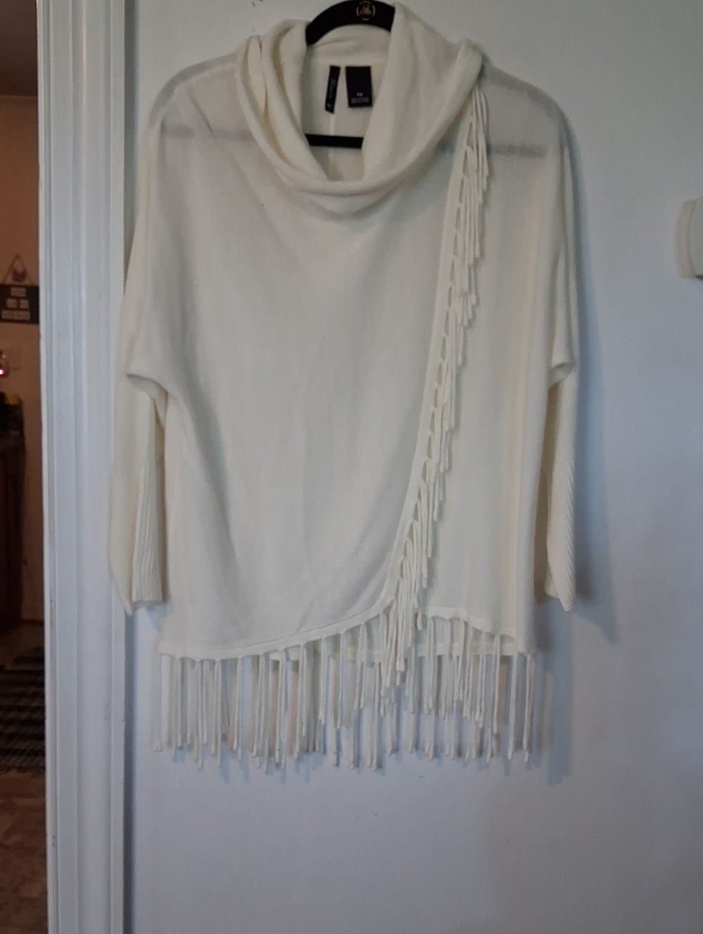 new directions Cream Fringe Cowl-Neck Poncho Sweater